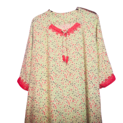 Pyjama Long à Fleurs Tissu Léger et Dentelle Rouge