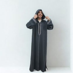  Djellaba Homme Grise Broderie Traditionnelle