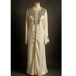 Caftan Crème Brodé à la Main – Élégance et Raffinement Marocain