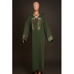 Djellaba Verte en Crêpe – Broderie Fantaisie Dorée fait main 