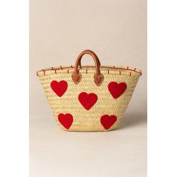 Panier en doum brodé de cœurs rouges